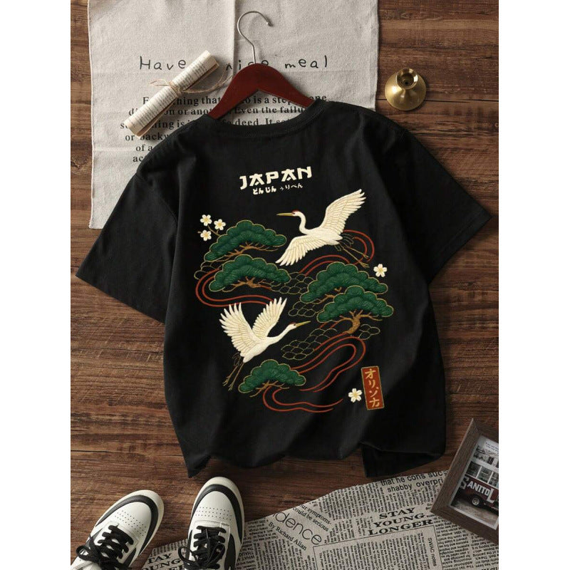 Casual Versatile Japanese Crane Print Top
