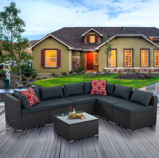 7 Set Wicker Furniture With Tempered Glass Coffee Table BEUPFORLIFE.com