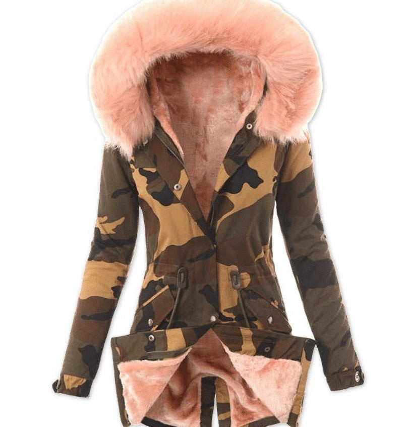 Ladies Explosion Style Fur Collar Drawstring Camouflage Jacket beupforlife