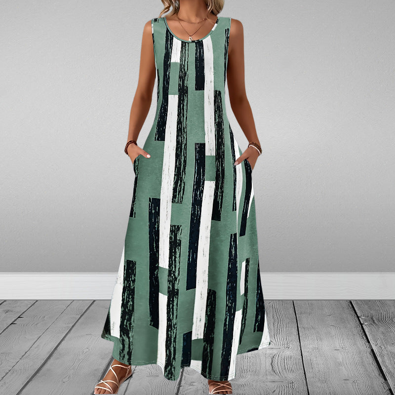 Sleeveless Slim Fit Elegant Printed Pocket Dress BEUPFORLIFE.com