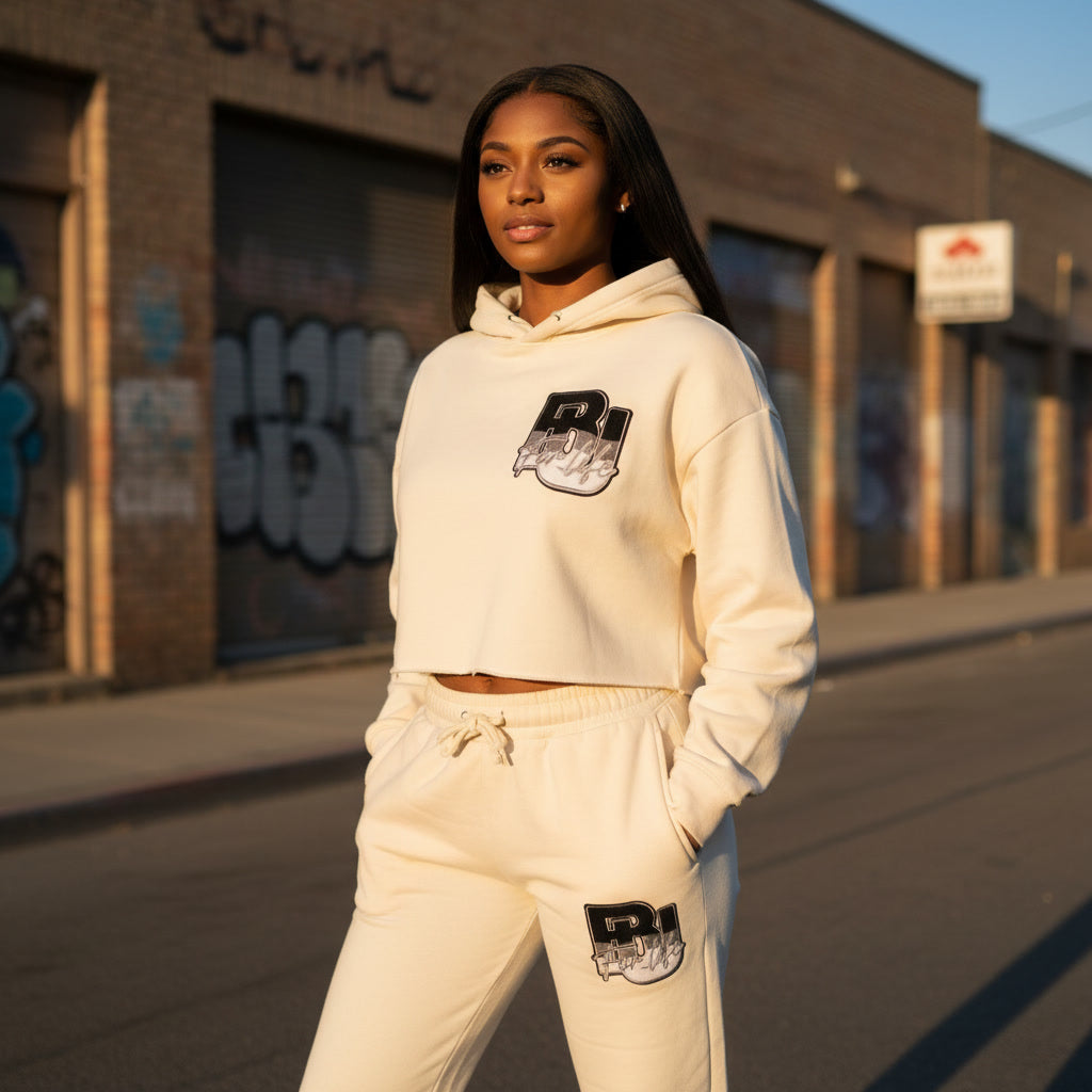 BU Ladies Off White Crop Top Sweat Suit
