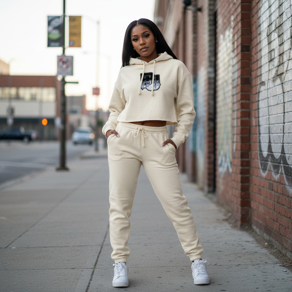 BU Ladies Off White Crop Top Sweat Suit