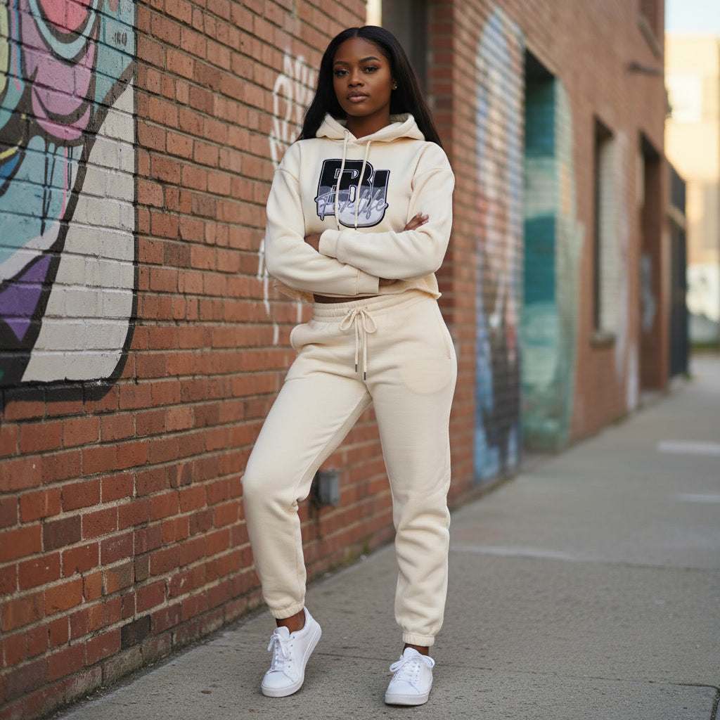 BU Ladies Off White Crop Top Sweat Suit