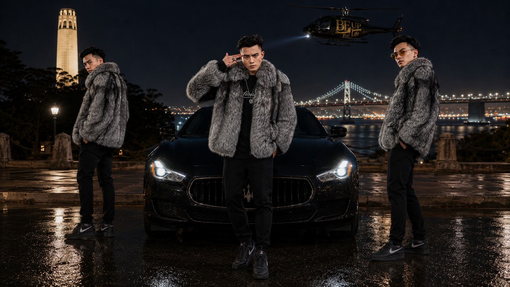 Three men modeling gray faux fur jackets beside a black Maserati at night in San Francisco with the Bay Bridge behind them.