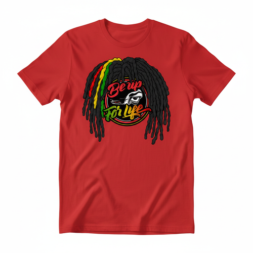 A red short-sleeve crewneck t-shirt featuring a graphic print of black dreadlocks with red, yellow, and green accents, and the text 'Be up For life' in stylized lettering.