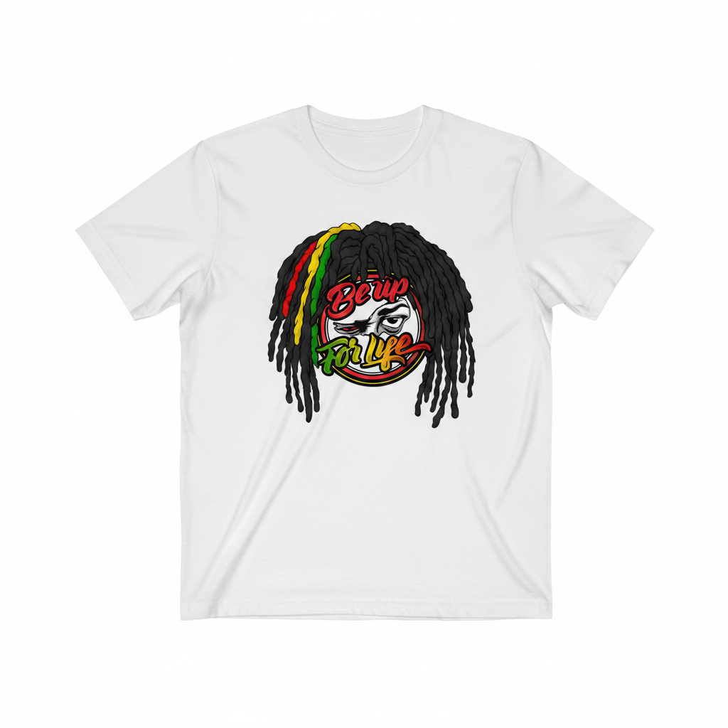 A white short-sleeve crewneck t-shirt featuring a graphic print of a Rasta-style dreadlock character with red, yellow, and green hair, and the text 'Bop For Life' written in a stylized font.